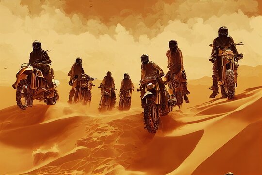Cinematic digital illustration of a motorcycle, dirt bike gang driving in the desert. High speed dramatic cartoon style wallpaper in a post apocalyptic desert landscape. Dangerous, mad driving in sand