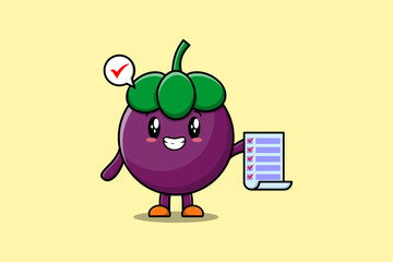 Cute cartoon Mangosteen character holding checklist note in concept flat cartoon style