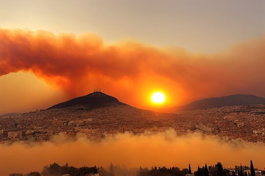 Cloud of smoke has covered Athens during todays sunset, due to the wildfires that burn across northern Attica these last 4 days, the region where Athens is built.