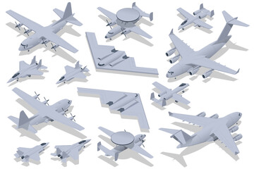 Isometric set of Military Aviation Air Force. attack aircraft, Stealth Strategic heavy Bomber, Strategic and tactical airlifter, Military Aviation. Strategic and tactical airlifter - obrazy, fototapety, plakaty