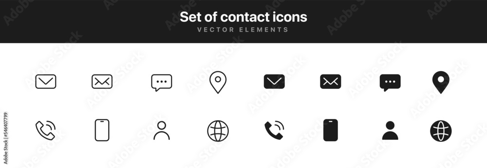 Poster Set contact icon simple line style communication icons. Message chat messaging chatting phone talking location internet people mail inbox icon symbol sign for UI UX website mobile app.