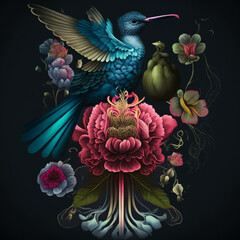 beautiful tropical bird in exotic flowers in vintage style, hummingbirds on dark background. Tattoo style. Digital illustration for t shirt, prints, posters, postcards, stickers, tattoo