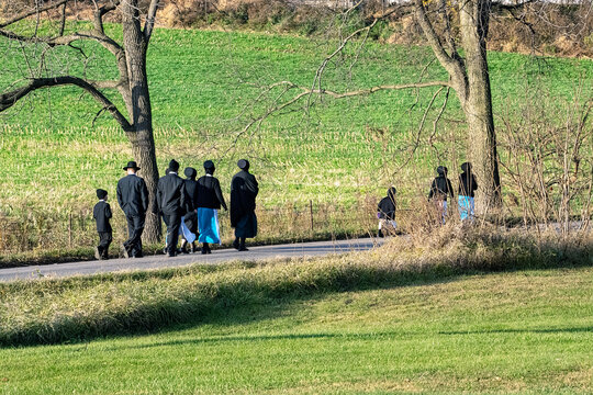 Amish family walking on rural road
