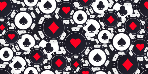 Seamless pattern of black white poker chips. Tokens with symbols of diamonds, clubs, hearts and spades top view. Vector chips icon design for card, casino, game design, advertising, banner, web