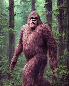 Bigfoot walking in the deep forest. Illustration digital matte painting