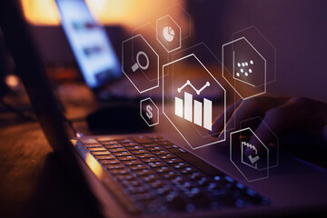 business analytics intelligence concept, financial charts to analyze profit and finance of company.