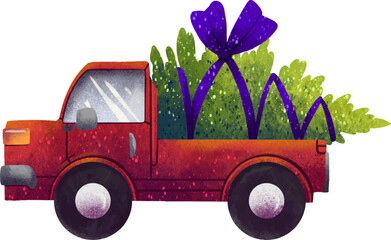 New Year's illustration of a pickup truck with a Christmas tree in the trunk for the new year