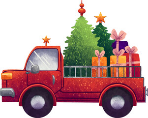 New Year's illustration of a red pickup truck with a Christmas tree in the trunk for the new year with gifts