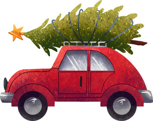 New Year's illustration of a red passenger car with a Christmas tree on the roof for the new year