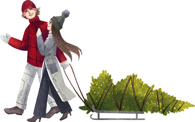 Illustration A couple a girl and a man a family in love are taking a Christmas tree on a sled for the new year