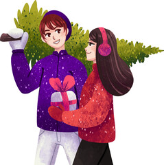 Illustration A couple a girl and a man a family in love are carrying gifts and a Christmas tree for the new year