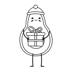 Vector flat outline Christmas avocado with present isolated on white background