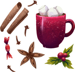 New Year's set of illustrations cocoa in a red mug with marshmallow cinnamon seasonings cloves coriander candy and holly