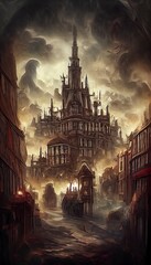 Fototapeta na wymiar Fantasy cityscape in Victorian gothic style background illustration. Gloomy dark grungy style. Digital illustration. 3d render. 