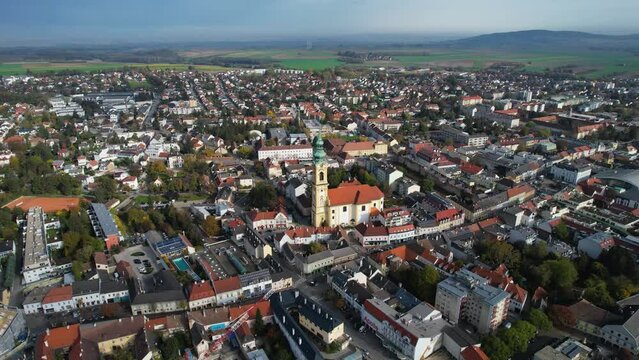 Aerial view of the city Stockerau  in Austria on a sunny autumn day