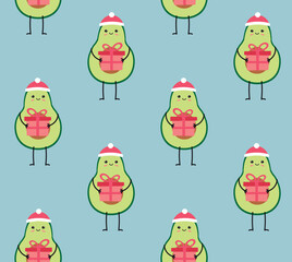 Vector seamless pattern of flat cartoon Christmas avocado with present isolated on blue background
