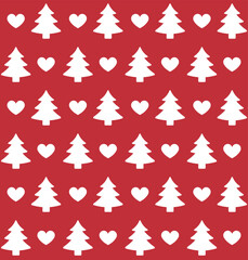 Vector seamless pattern of flat spruce tree and hearts silhouette isolated on red background