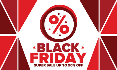 Black Friday. Sale up to 90% off. Biggest sale of the year. Special offer banner. Holiday shopping in United States. Super season deal in November. Discount badge. Creative vector template
