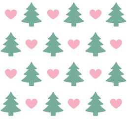 Vector seamless pattern of flat spruce tree and hearts silhouette isolated on white background