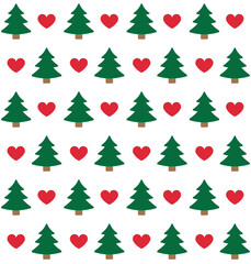 Vector seamless pattern of flat spruce tree and hearts isolated on white background