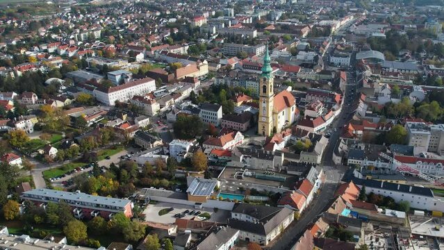 Aerial view of the city Stockerau  in Austria on a sunny autumn day