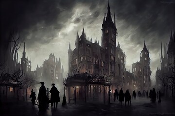 Fantasy cityscape in Victorian gothic style background illustration. Gloomy dark grungy style. Digital illustration. 3d render. 