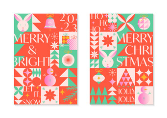 Christmas and Happy New Year greeting banners templates.Festive vector backgrounds in bauhaus style.Traditional winter holiday symbols.Xmas trendy designs for branding,invitations,prints,social media