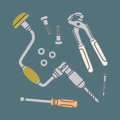 Poster with different home tools – brace, drill, ticks, pliers, bolts, screws and nails. Repair work, construction concept. Hand drawn vector illustration.