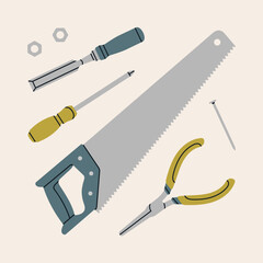 Poster with different home tools – pliers, chisel, screwdriver, saw. Repair work, construction concept. Hand drawn vector illustration.