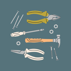 Poster with different home tools – pliers, hammer, screwdriver. Repair work, constructing concept. Hand drawn vector illustration.
