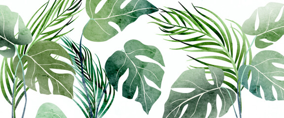Abstract art background with tropical plants in green and blue in a watercolor style. Botanical banner with palm trees and monstera for decor, print, textile, wallpaper, interior design