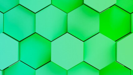 Abstract background with waves made of blue-green gradation futuristic honeycomb mosaic hexagon geometry primitive forms that goes up and down under white background. 3D illustration. 3D CG.