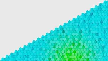Fototapeta premium Abstract background with waves made of blue-green gradation futuristic honeycomb mosaic hexagon geometry primitive forms that goes up and down under white background. 3D illustration. 3D CG.