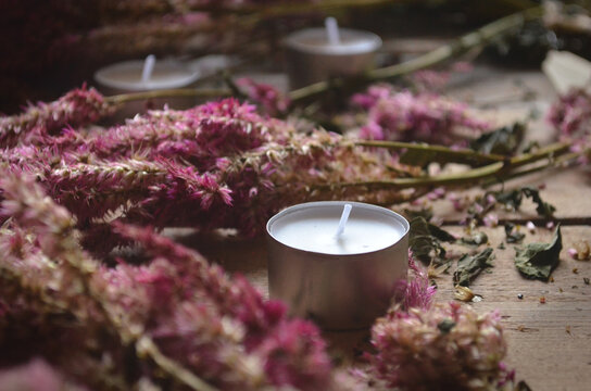 Dead Celosia Flowers with Candles on a Rustic Wood Background | Romantic Dead Flowers | Candles with Flowers