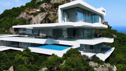 Fototapeta na wymiar Luxurious modern white villa with a pool in the mountains among tropical trees. Modern architecture of a country house in the mountains.