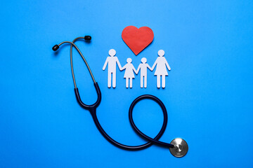 Paper family cutout, stethoscope and red heart on light blue background, flat lay. Insurance concept