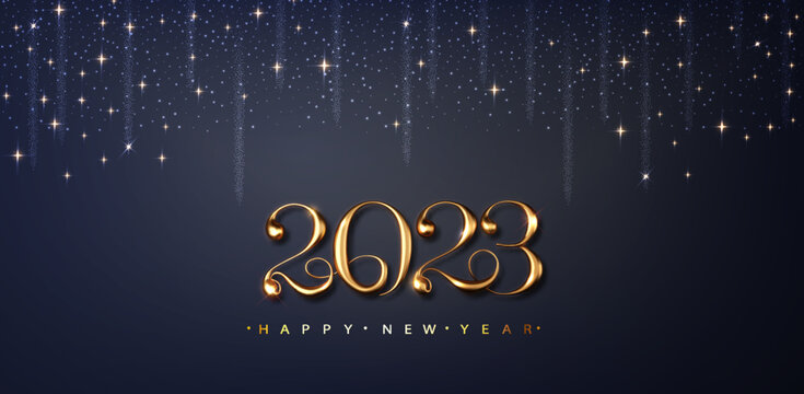 Happy new 2023 Year background with shimmering golden particles on a dark background. Holiday greeting banner.