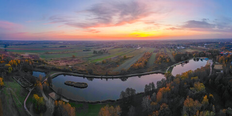 Sunset in Public park called Lewityn in Pabianice City - view from a drone	
