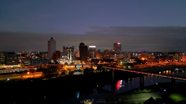 Skyline of Memphis in Tennessee by night - aerial view
