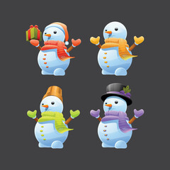 Set of Snowman with hat and scarf isolated on white background. Vector illustration