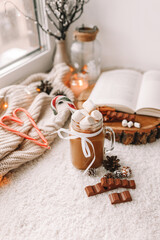 Fototapeta na wymiar A cup of cocoa with marshmallows, chocolate, an open book, lamp lights in a cozy homely atmosphere on the windowsill. Christmas aesthetics