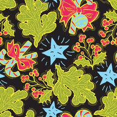 Christmas and New Year seamless vector pattern for wrapping paper, fabric print, textile design, decorative elements. Pine tree with xmas decoration. Hand drawn illustration. Cartoon style drawing.