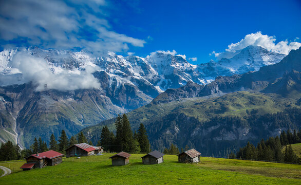 Farm out buildings call "Alps", in the mountains above the Village of Murren, Switzerland.  Photo taken from the Schilt Alp trail.