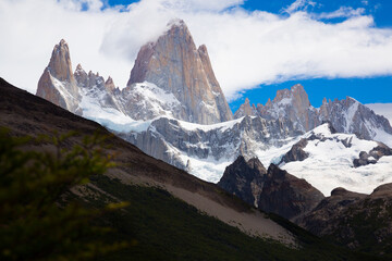 Fototapeta na wymiar Views of snow peaks and glaciers of Andes mountains Monte Fitz Roy in summer day. Patagonia, Argentina, Chile, Andes
