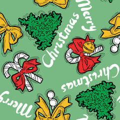 Christmas and New Year seamless vector pattern for wrapping paper, fabric print, textile design, decorative elements. Pine tree with xmas decoration. Hand drawn illustration. Cartoon style drawing.