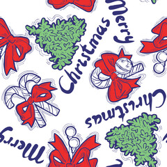 Christmas and New Year seamless vector pattern for wrapping paper, fabric print, textile design, decorative elements. Pine tree with xmas decoration. Hand drawn illustration. Cartoon style drawing.