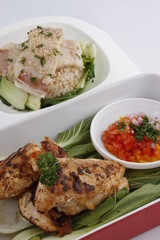 Roast chicken with vegetables and salsa