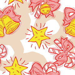 Obraz premium Christmas and New Year seamless vector pattern for wrapping paper, fabric print, textile design, decorative elements. Pine tree with xmas decoration. Hand drawn illustration. Cartoon style drawing.