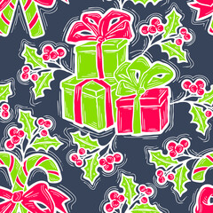 Christmas and New Year seamless vector pattern for wrapping paper, fabric print, textile design, decorative elements. Pine tree with xmas decoration. Hand drawn illustration. Cartoon style drawing.