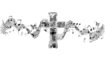 Christian cross with musical notes staff isolated. Vector illustration. Religion themed background. Design for Christianity, church choir, church service, communion and celebrations - obrazy, fototapety, plakaty